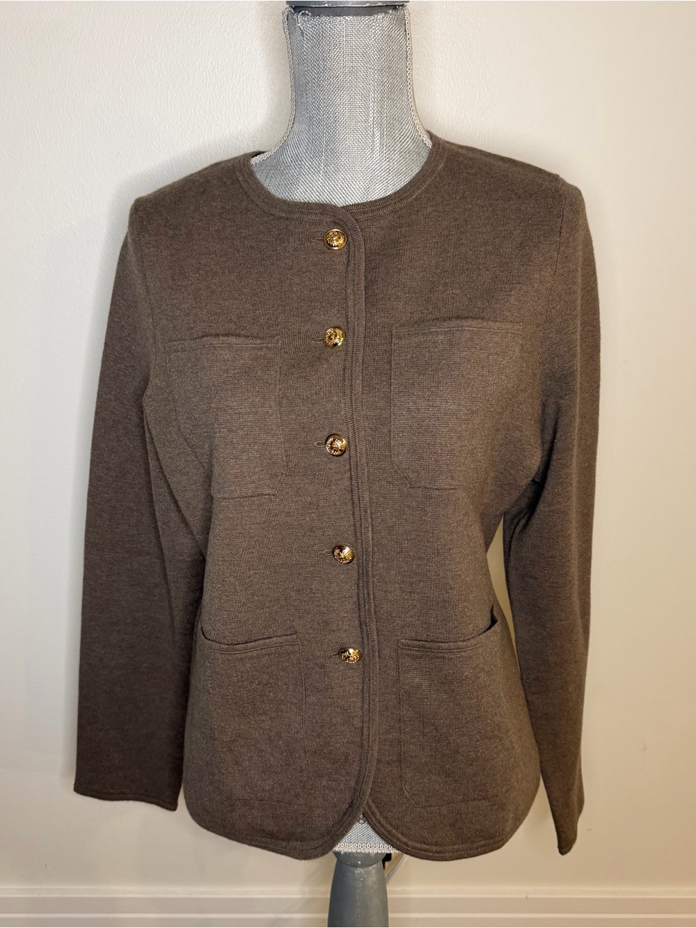 Women's Brown Button-Front Knit Jacket, wool blend , L.  New